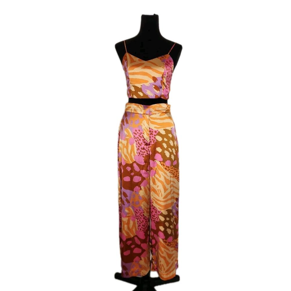 Christian Lacroix Satin Wide Leg High Rise Pants and Cropped Tank Top Set Sz S